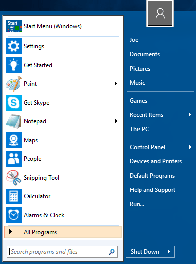 This is the start menu that most users are familiar with. Using Classic Shell and tweaking the options can make it feel homely so anyone can still use it