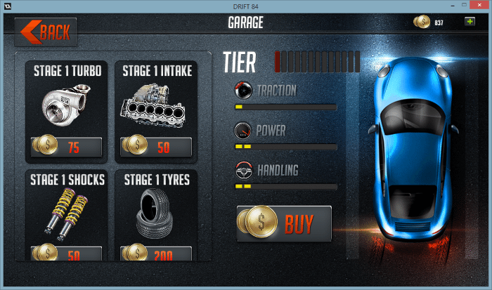 Screenshot of the garage, where you can customize your cars