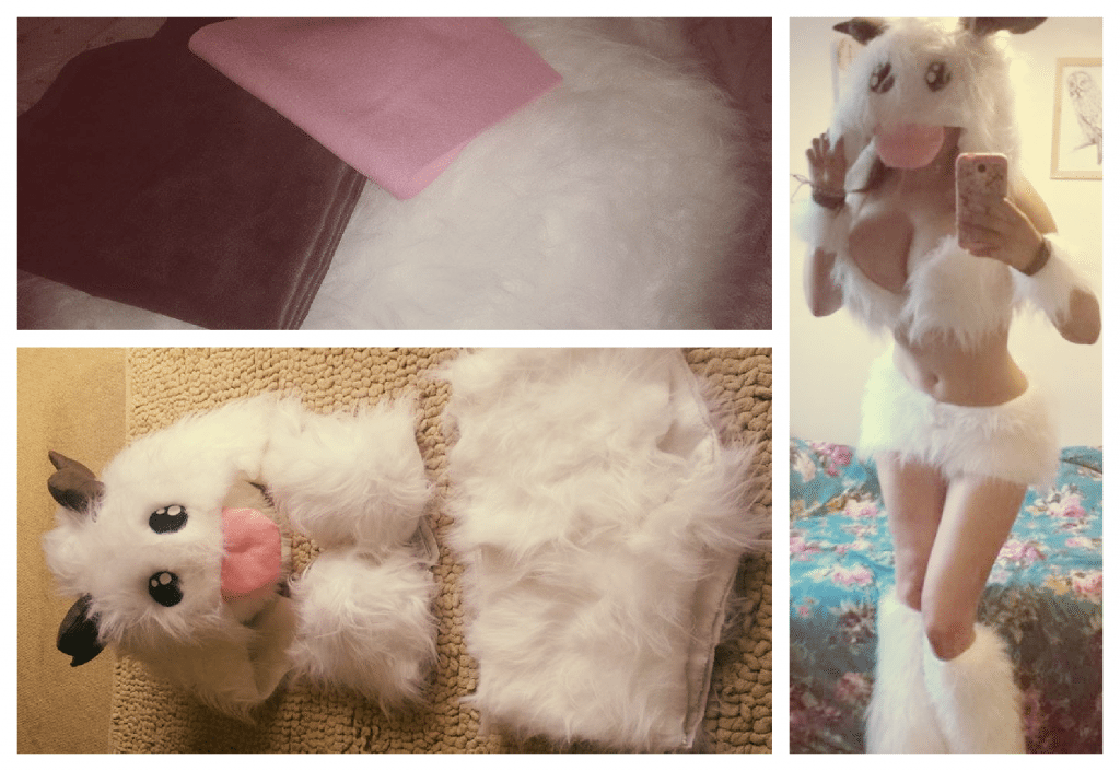 From bundle of fabric to outfit. My finished Poro cosplay, complete with practise pose in front of the mirror! 